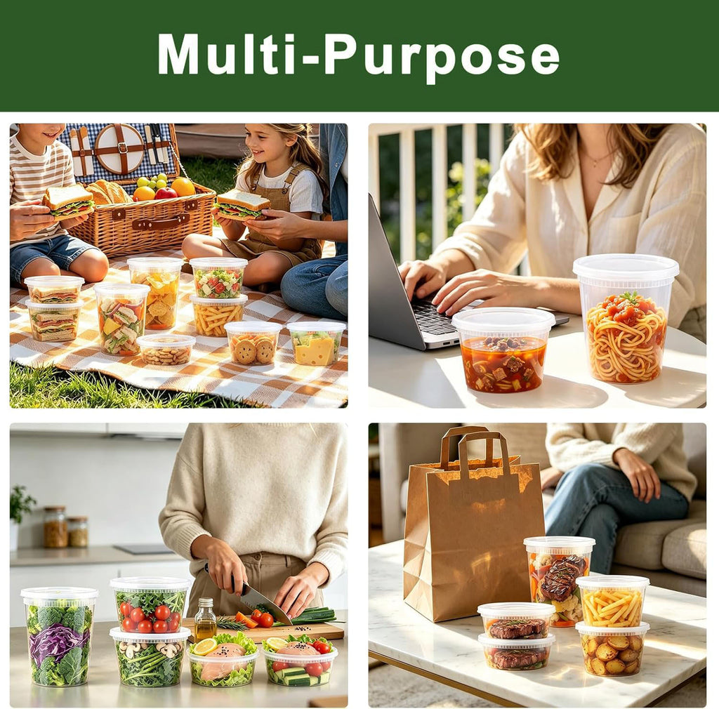 BYSNOW Deli Containers with Lids 48 Sets, Deli Cups with Lids 8oz 16oz 32oz, Deli Food Storage Containers, Plastic Soup Containers Reusable, BPA Free, Leakproof, Microwave, Freezer & Dishwasher Safe