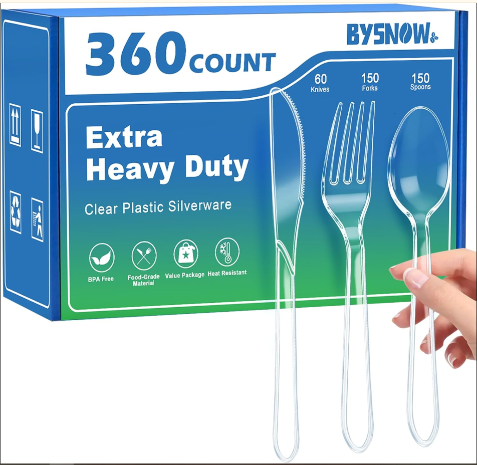 BYSNOW 360 Pack Clear Plastic Silverware Set, Disposable Plastic Flatware, 150 Forks 150 Spoons 60 Knives, BPA Free Heat Resistant