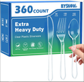 BYSNOW 360 Pack Clear Plastic Silverware Set, Disposable Plastic Flatware, 150 Forks 150 Spoons 60 Knives, BPA Free Heat Resistant
