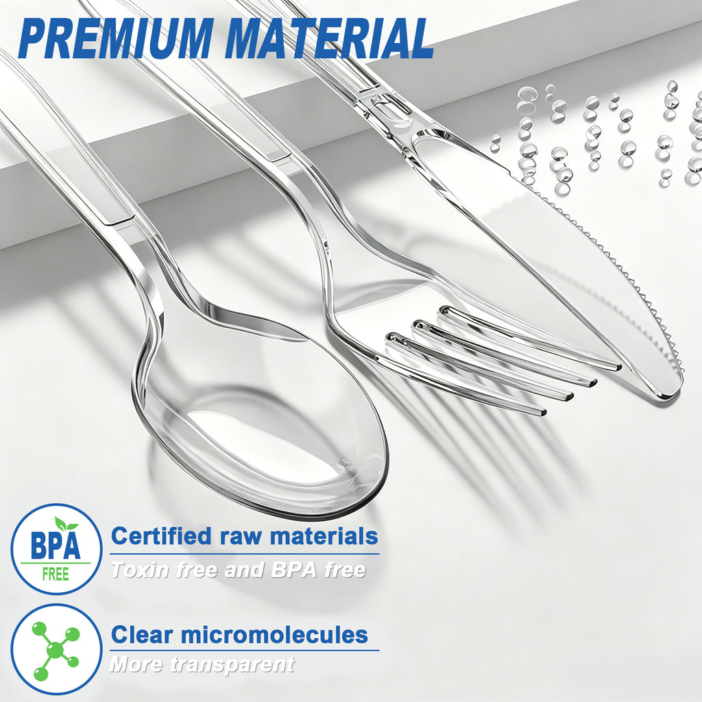 BYSNOW 360 Pack Clear Plastic Silverware Set, Disposable Plastic Flatware, 150 Forks 150 Spoons 60 Knives, BPA Free Heat Resistant