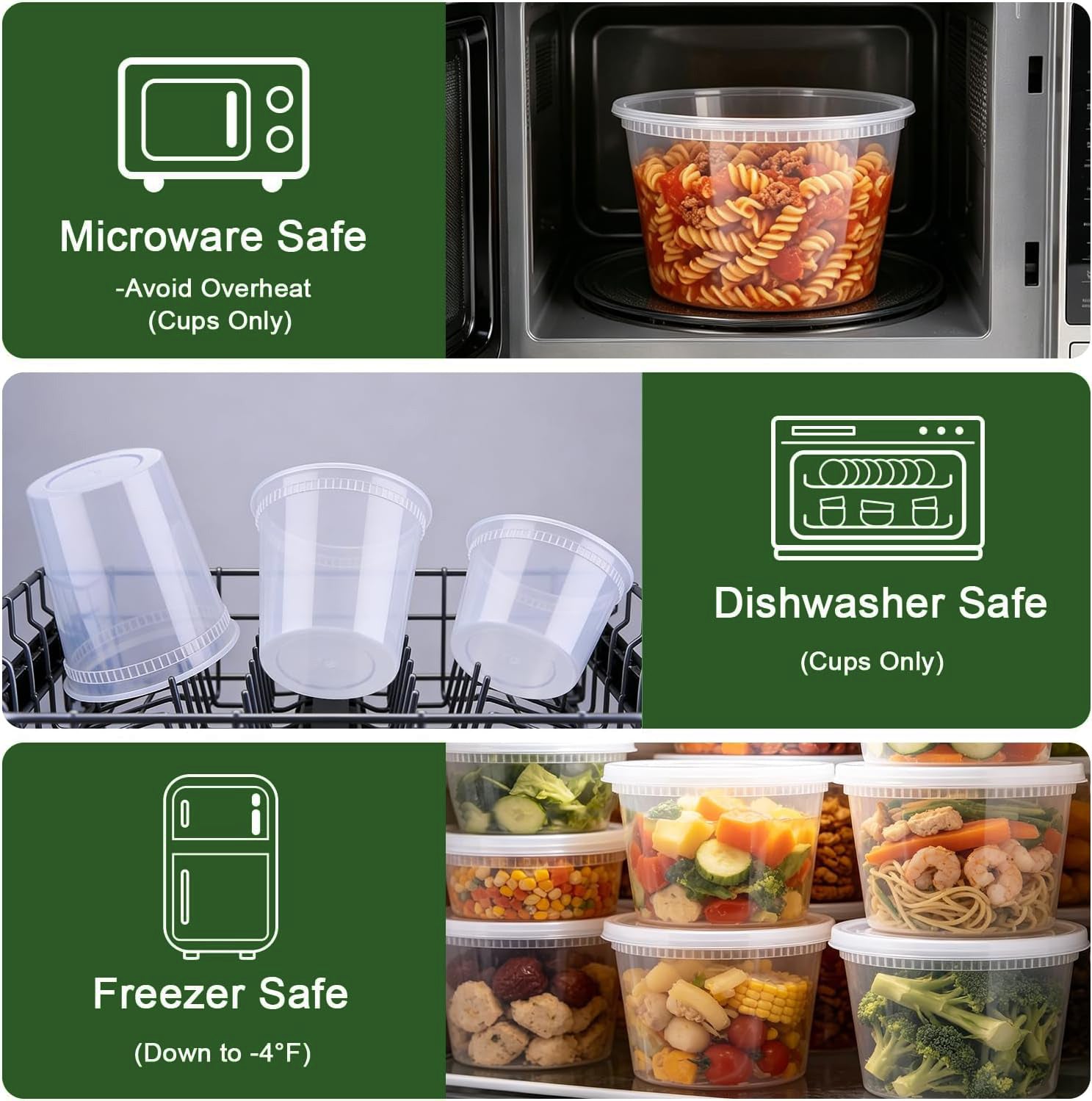 BYSNOW Deli Containers with Lids 48 Sets, Deli Cups with Lids 8oz 16oz 32oz, Deli Food Storage Containers, Plastic Soup Containers Reusable, BPA Free, Leakproof, Microwave, Freezer & Dishwasher Safe