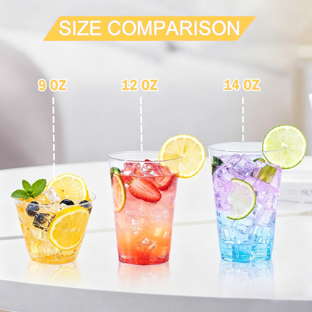 BYSNOW 9/12/14 oz Clear Plastic Cups, Disposable Party Cups, 100 Pack