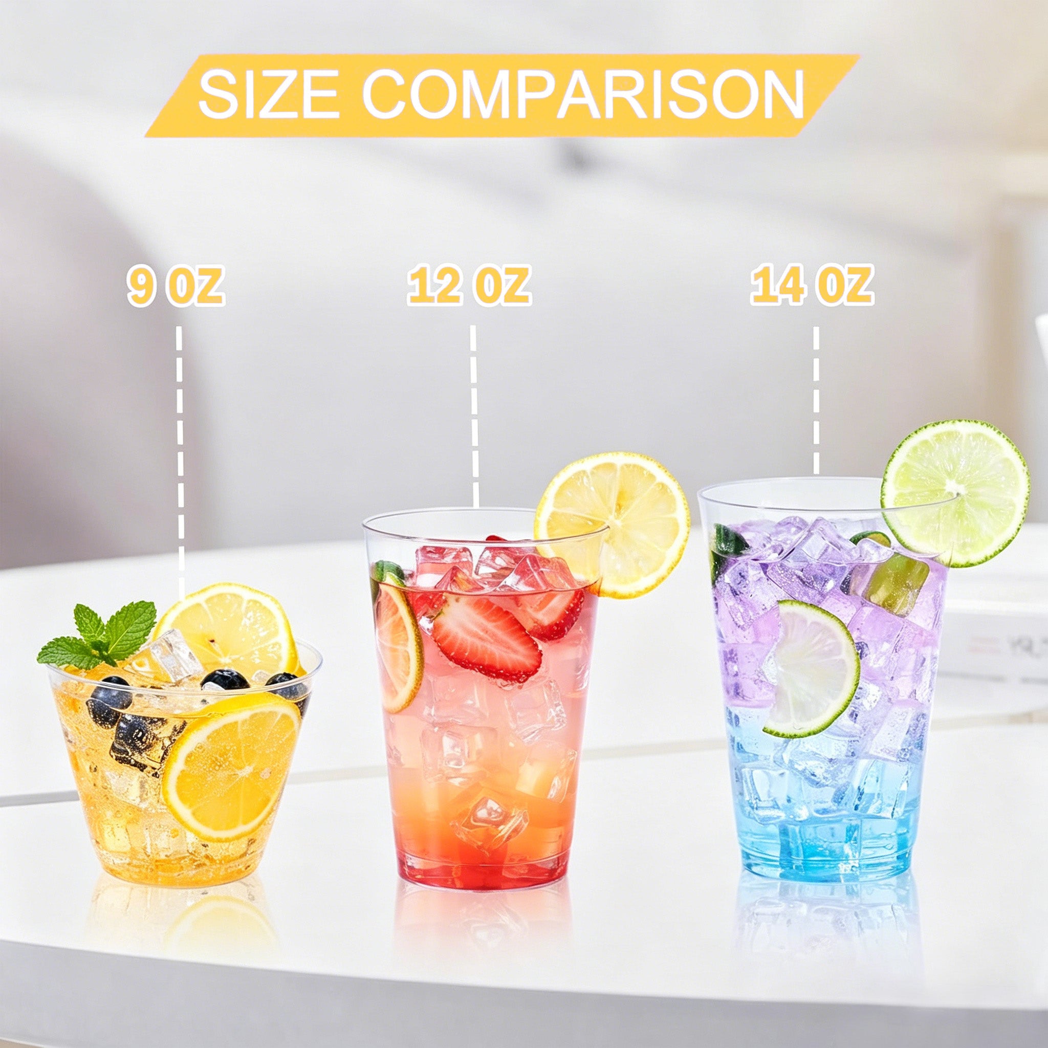 BYSNOW 9/12/14 oz Clear Plastic Cups, Disposable Party Cups, 100 Pack