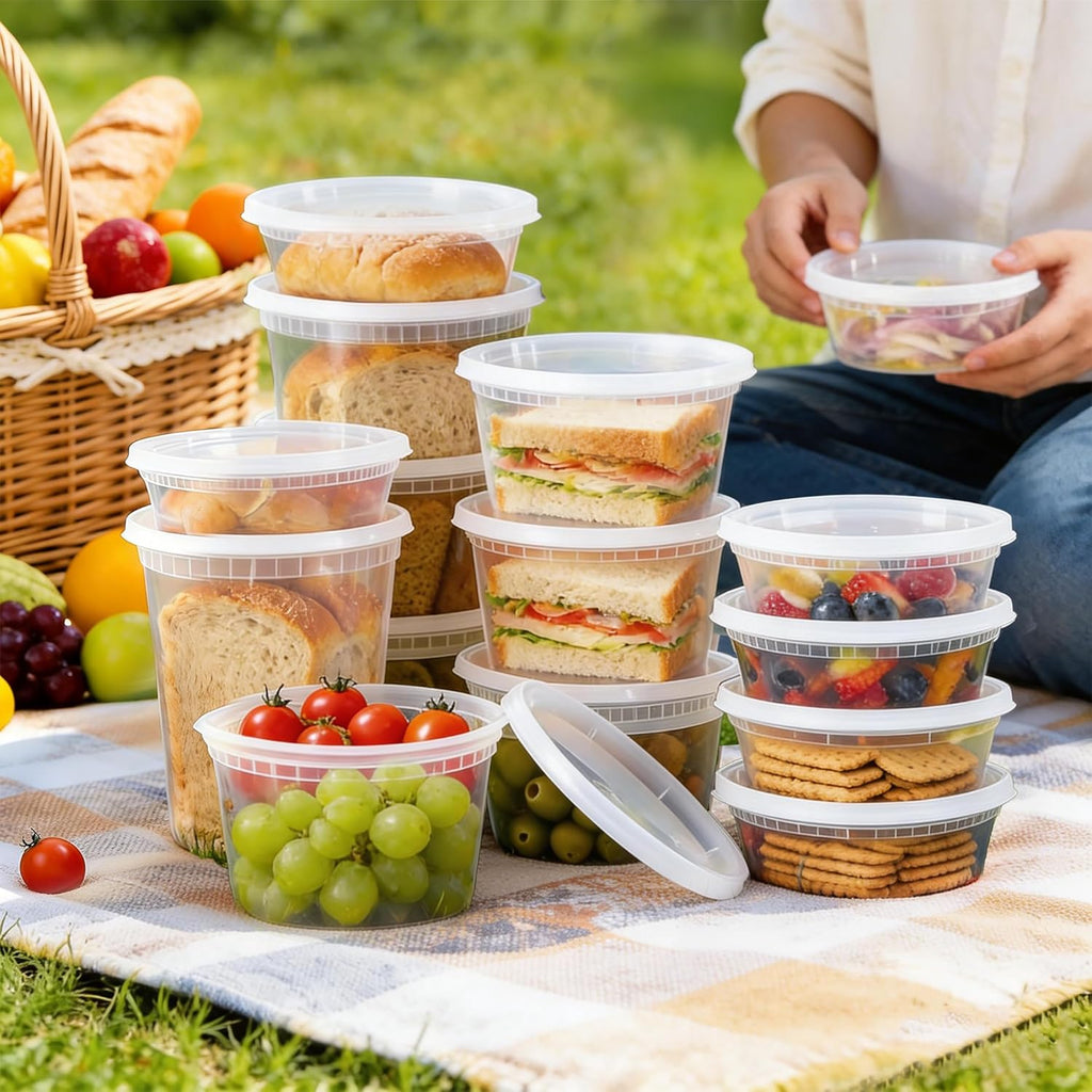BYSNOW Deli Containers with Lids 48 Sets, Deli Cups with Lids 8oz 16oz 32oz, Deli Food Storage Containers, Plastic Soup Containers Reusable, BPA Free, Leakproof, Microwave, Freezer & Dishwasher Safe